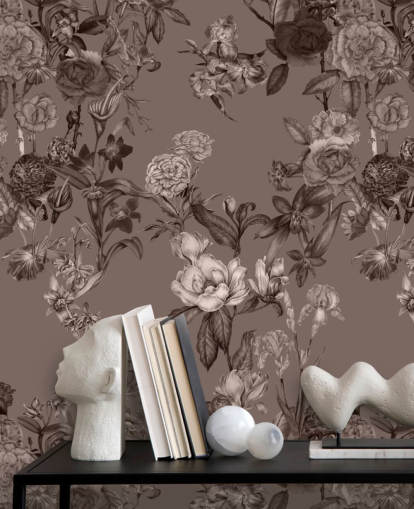 Karina Eibatovan seepian mukautettu kukkakuvioinen seinämaalaus nimeltä Sepia Flower Garden makuuhuoneisiin ja olohuoneisiin Karina Eibatovan seepian mukautettu kukkakuvioinen seinämaalaus nimeltä Sepia Flower Garden makuuhuoneisiin ja olohuoneisiin