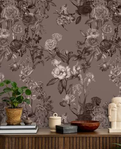 sepia tilpasset blomstermønster veggmaleri kalt Sepia Flower Garden av Karina Eibatova for soverom og stuer