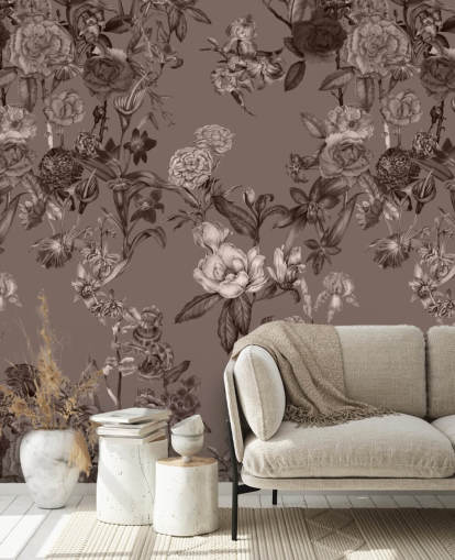 sepia brugerdefineret blomstermønster vægmaleri kaldet Sepia Flower Garden af Karina Eibatova til soveværelser og stuer