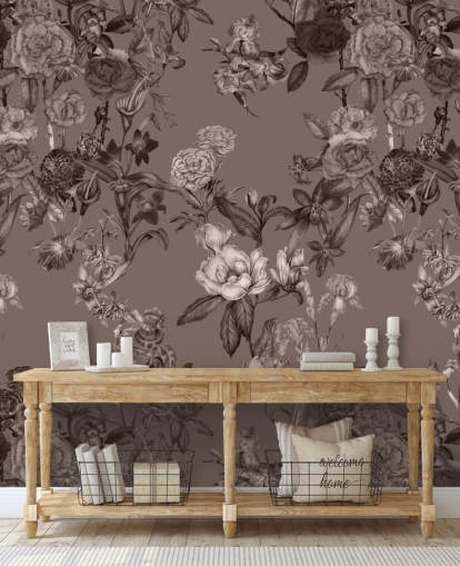 peinture murale à motif floral personnalisé sépia appelée Sepia Flower Garden par Karina Eibatova pour les chambres et les salons