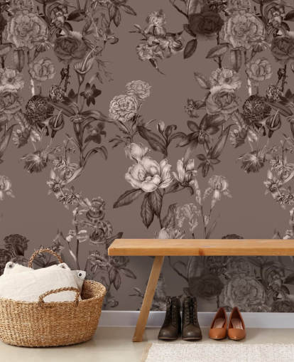 sepia custom floral pattern mural called Sepia Flower Garden by Karina Eibatova for bedrooms and living rooms