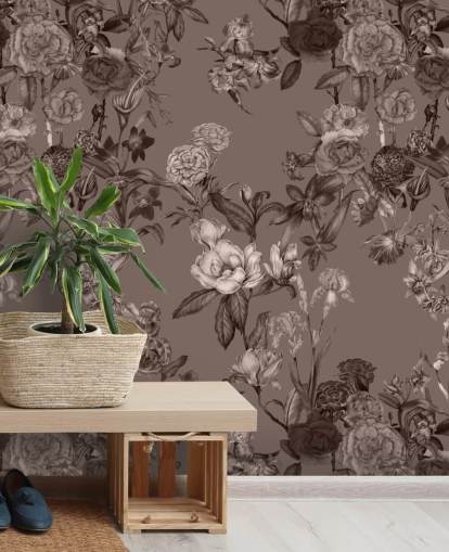 sepia tilpasset blomstermønster veggmaleri kalt Sepia Flower Garden av Karina Eibatova for soverom og stuer
