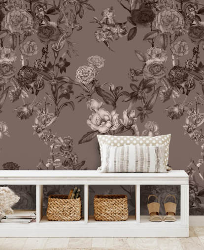 Karina Eibatovan seepian mukautettu kukkakuvioinen seinämaalaus nimeltä Sepia Flower Garden makuuhuoneisiin ja olohuoneisiin
