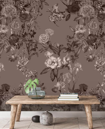 sepia tilpasset blomstermønster veggmaleri kalt Sepia Flower Garden av Karina Eibatova for soverom og stuer