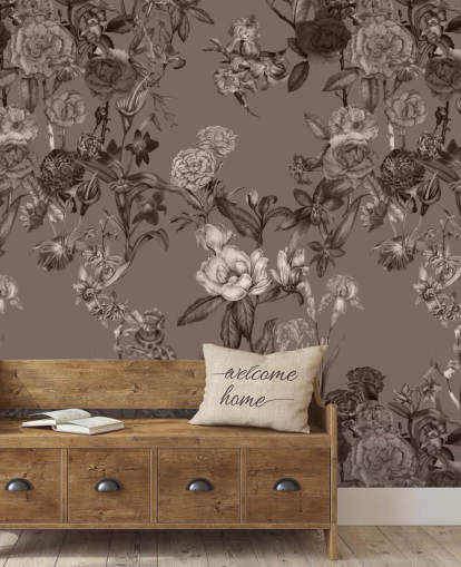 sepia custom floral pattern mural called Sepia Flower Garden by Karina Eibatova for bedrooms and living rooms