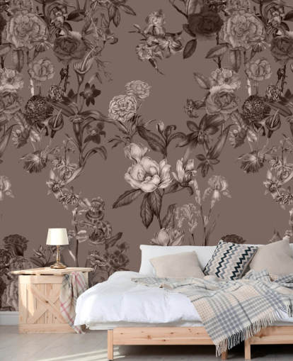 mural de estampado floral personalizado en sepia llamado Sepia Flower Garden de Karina Eibatova para dormitorios y salas de estar