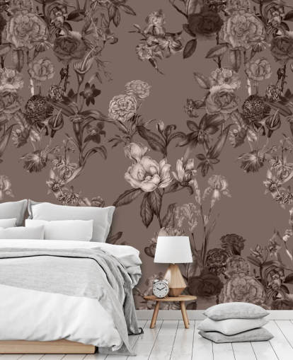 murale con motivi floreali personalizzati color seppia chiamato Sepia Flower Garden di Karina Eibatova per camere da letto e salotti murale con motivi floreali personalizzati color seppia chiamato Sepia Flower Garden di Karina Eibatova per camere da letto e salotti