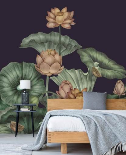 purple and green customisable floral wall mural called Dark Violet Lotus by Karina Eibatova for bedrooms purple and green customisable floral wall mural called Dark Violet Lotus by Karina Eibatova for bedrooms