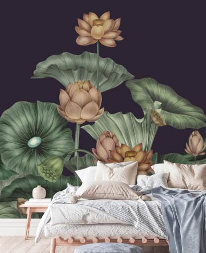 lilla og grøn tilpasselig blomstervægmaleri kaldet Dark Violet Lotus af Karina Eibatova til soveværelser