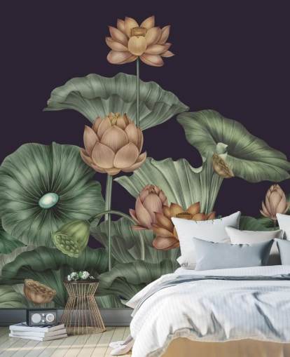 mural de parede floral personalizável em roxo e verde chamado Dark Violet Lotus de Karina Eibatova para quartos