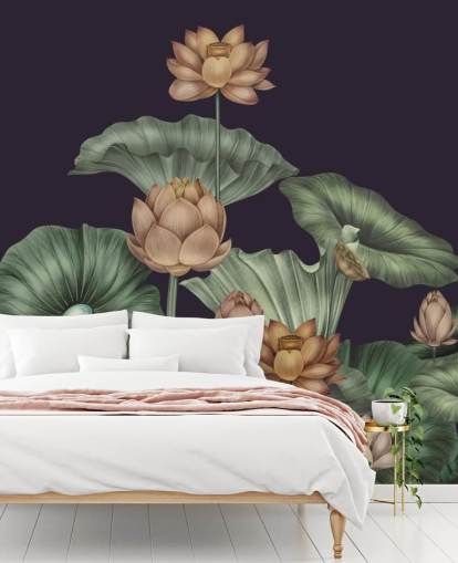 lilla og grønn tilpassbar blomsterveggmaleri kalt Dark Violet Lotus av Karina Eibatova for soverom