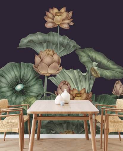 mural de parede floral personalizável em roxo e verde chamado Dark Violet Lotus de Karina Eibatova para quartos mural de parede floral personalizável em roxo e verde chamado Dark Violet Lotus de Karina Eibatova para quartos