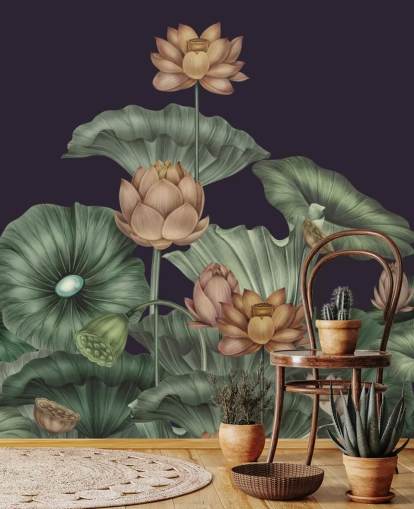 purple and green customisable floral wall mural called Dark Violet Lotus by Karina Eibatova for bedrooms