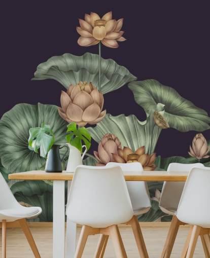 purple and green customisable floral wall mural called Dark Violet Lotus by Karina Eibatova for bedrooms purple and green customisable floral wall mural called Dark Violet Lotus by Karina Eibatova for bedrooms