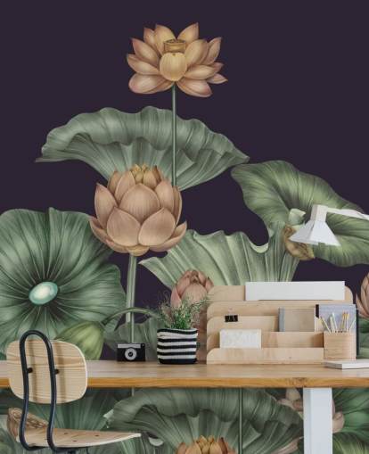 paarse en groene aanpasbare bloemenmuurschildering genaamd Dark Violet Lotus van Karina Eibatova voor slaapkamers paarse en groene aanpasbare bloemenmuurschildering genaamd Dark Violet Lotus van Karina Eibatova voor slaapkamers