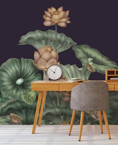 mural de parede floral personalizável em roxo e verde chamado Dark Violet Lotus de Karina Eibatova para quartos mural de parede floral personalizável em roxo e verde chamado Dark Violet Lotus de Karina Eibatova para quartos