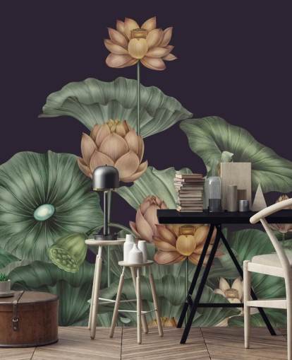 lilla og grønn tilpassbar blomsterveggmaleri kalt Dark Violet Lotus av Karina Eibatova for soverom