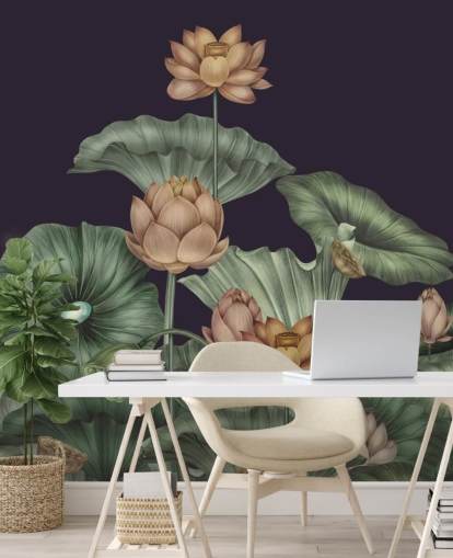 fresque murale florale personnalisable violette et verte appelée Dark Violet Lotus de Karina Eibatova pour les chambres fresque murale florale personnalisable violette et verte appelée Dark Violet Lotus de Karina Eibatova pour les chambres