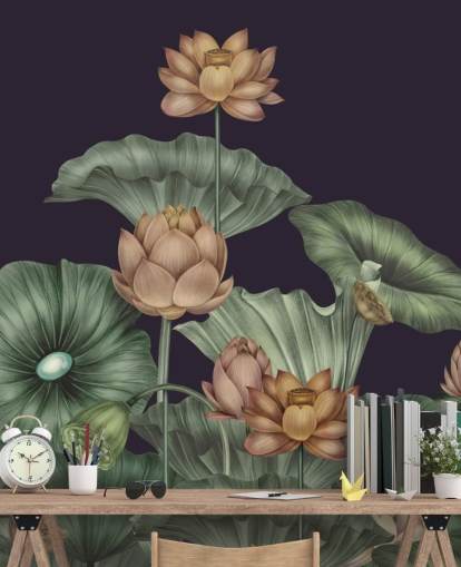 murale floreale personalizzabile viola e verde chiamato Dark Violet Lotus di Karina Eibatova per camere da letto