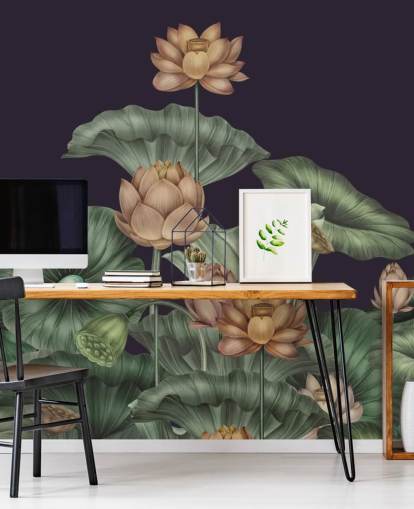 lila och grön anpassningsbar blommig väggmålning kallad Dark Violet Lotus av Karina Eibatova för sovrum