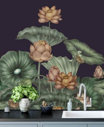 lila och grön anpassningsbar blommig väggmålning kallad Dark Violet Lotus av Karina Eibatova för sovrum