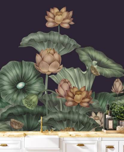 mural de parede floral personalizável em roxo e verde chamado Dark Violet Lotus de Karina Eibatova para quartos mural de parede floral personalizável em roxo e verde chamado Dark Violet Lotus de Karina Eibatova para quartos