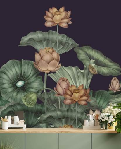 purple and green customisable floral wall mural called Dark Violet Lotus by Karina Eibatova for bedrooms