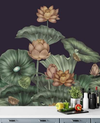 Personalisierbares florales Wandbild in Violett und Grün namens Dark Violet Lotus von Karina Eibatova für Schlafzimmer Personalisierbares florales Wandbild in Violett und Grün namens Dark Violet Lotus von Karina Eibatova für Schlafzimmer