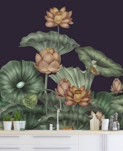 lilla og grønn tilpassbar blomsterveggmaleri kalt Dark Violet Lotus av Karina Eibatova for soverom lilla og grønn tilpassbar blomsterveggmaleri kalt Dark Violet Lotus av Karina Eibatova for soverom