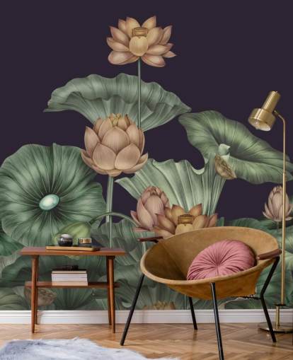 lila och grön anpassningsbar blommig väggmålning kallad Dark Violet Lotus av Karina Eibatova för sovrum