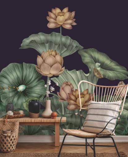 lilla og grøn tilpasselig blomstervægmaleri kaldet Dark Violet Lotus af Karina Eibatova til soveværelser lilla og grøn tilpasselig blomstervægmaleri kaldet Dark Violet Lotus af Karina Eibatova til soveværelser