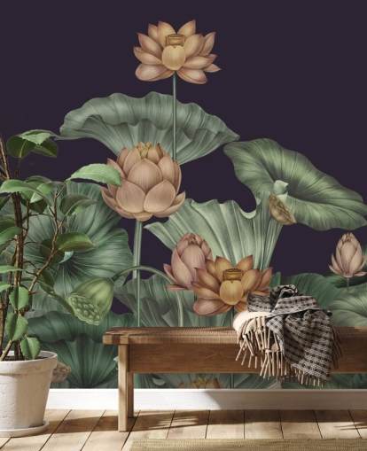 lilla og grønn tilpassbar blomsterveggmaleri kalt Dark Violet Lotus av Karina Eibatova for soverom lilla og grønn tilpassbar blomsterveggmaleri kalt Dark Violet Lotus av Karina Eibatova for soverom