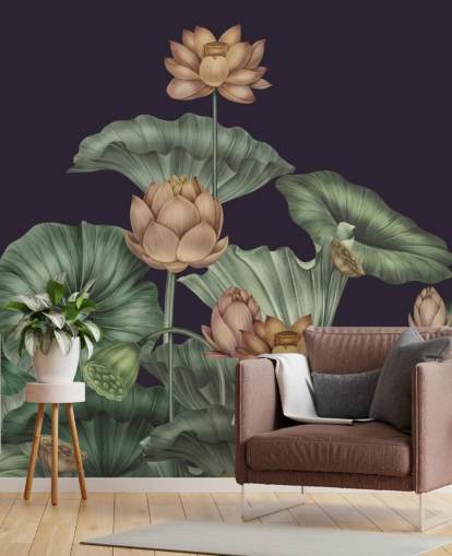 mural de parede floral personalizável em roxo e verde chamado Dark Violet Lotus de Karina Eibatova para quartos