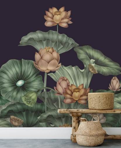 purple and green customizable floral wall mural called Dark Violet Lotus by Karina Eibatova for bedrooms