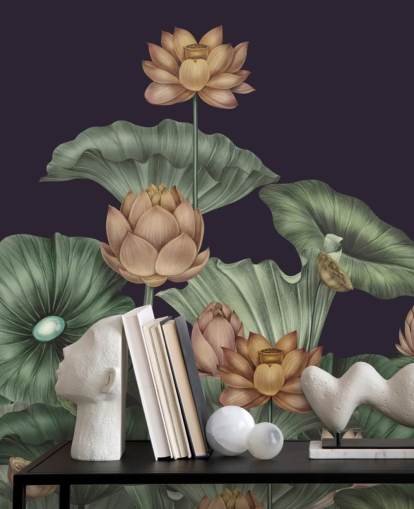 purple and green customizable floral wall mural called Dark Violet Lotus by Karina Eibatova for bedrooms purple and green customizable floral wall mural called Dark Violet Lotus by Karina Eibatova for bedrooms