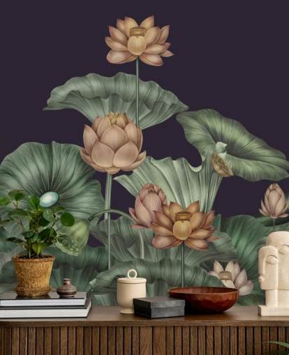 purple and green customisable floral wall mural called Dark Violet Lotus by Karina Eibatova for bedrooms