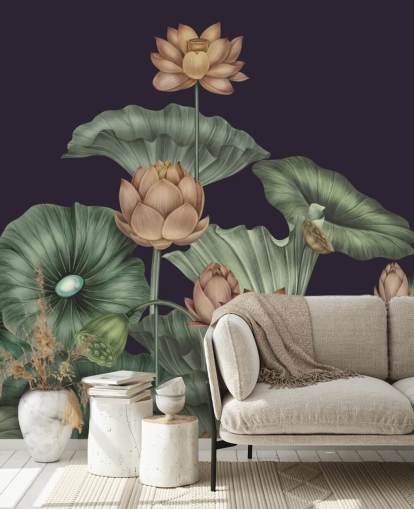 purple and green customizable floral wall mural called Dark Violet Lotus by Karina Eibatova for bedrooms