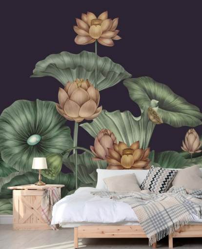 murale floreale personalizzabile viola e verde chiamato Dark Violet Lotus di Karina Eibatova per camere da letto murale floreale personalizzabile viola e verde chiamato Dark Violet Lotus di Karina Eibatova per camere da letto