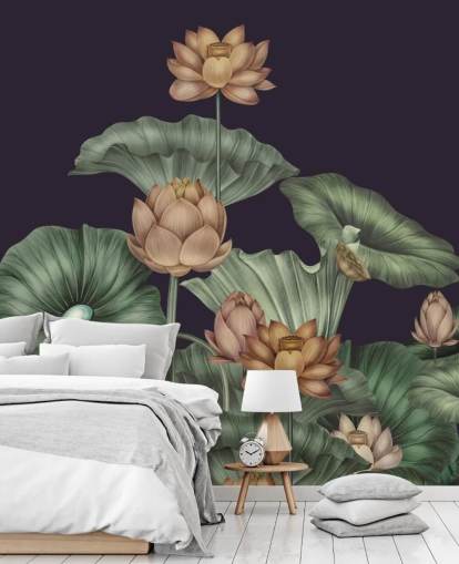 mural de pared floral personalizable morado y verde llamado Dark Violet Lotus de Karina Eibatova para dormitorios mural de pared floral personalizable morado y verde llamado Dark Violet Lotus de Karina Eibatova para dormitorios