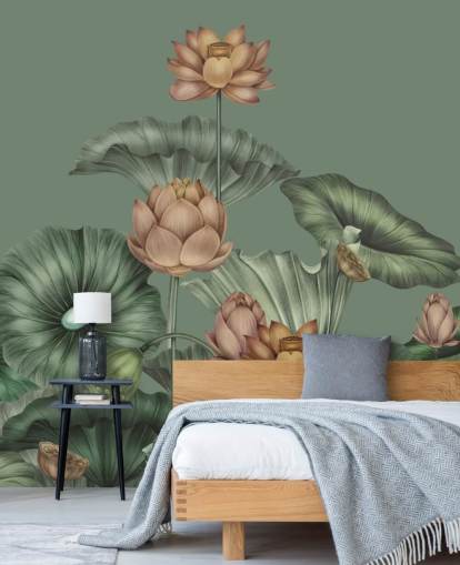 groene aanpasbare lotusmuurschildering genaamd Green Lotus van Karina Eibatova voor slaapkamers en keukens groene aanpasbare lotusmuurschildering genaamd Green Lotus van Karina Eibatova voor slaapkamers en keukens