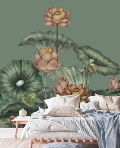 mural de pared de loto verde personalizable llamado Green Lotus de Karina Eibatova para dormitorios y cocinas