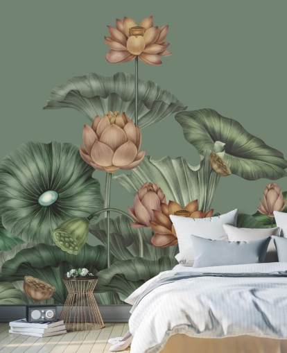 mural de pared de loto verde personalizable llamado Green Lotus de Karina Eibatova para dormitorios y cocinas mural de pared de loto verde personalizable llamado Green Lotus de Karina Eibatova para dormitorios y cocinas