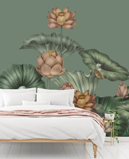 mural de pared de loto verde personalizable llamado Green Lotus de Karina Eibatova para dormitorios y cocinas