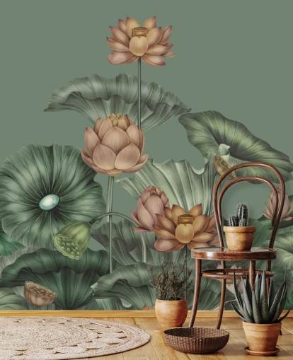 mural de pared de loto verde personalizable llamado Green Lotus de Karina Eibatova para dormitorios y cocinas