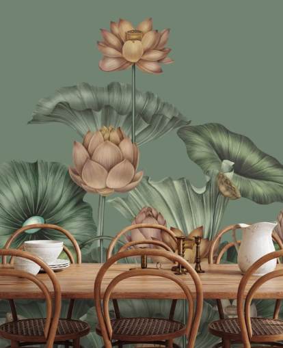 grünes personalisierbares Lotus-Wandbild namens Green Lotus von Karina Eibatova für Schlafzimmer und Küchen