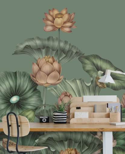 green customizable lotus wall mural called Green Lotus by Karina Eibatova for bedrooms and kitchens