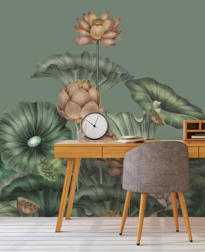 grön anpassningsbar lotus väggmålning kallad Green Lotus av Karina Eibatova för sovrum och kök grön anpassningsbar lotus väggmålning kallad Green Lotus av Karina Eibatova för sovrum och kök