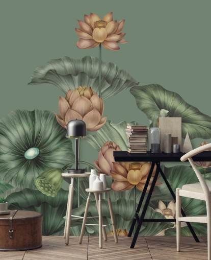 green customisable lotus wall mural called Green Lotus by Karina Eibatova for bedrooms and kitchens green customisable lotus wall mural called Green Lotus by Karina Eibatova for bedrooms and kitchens