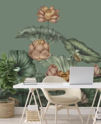 grünes personalisierbares Lotus-Wandbild namens Green Lotus von Karina Eibatova für Schlafzimmer und Küchen