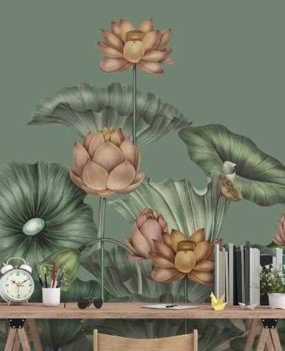 murale da parete con loto verde personalizzabile chiamato Green Lotus di Karina Eibatova per camere da letto e cucine